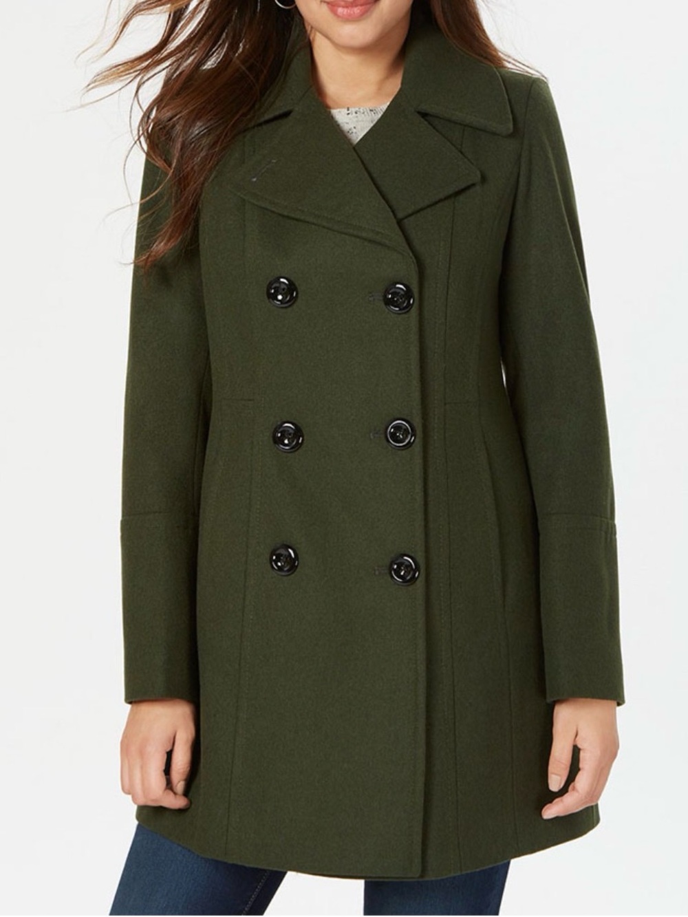 Anne Klein Wool Double Breasted Peacoat Button Hunter Olive Green Medium
